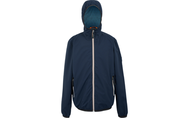 Marineblaue Kapuzenjacke mit durchgehendem Reißverschluss, zwei Reißverschlusstaschen und in der Kapuze sichtbarem türkis gemustertem Futter