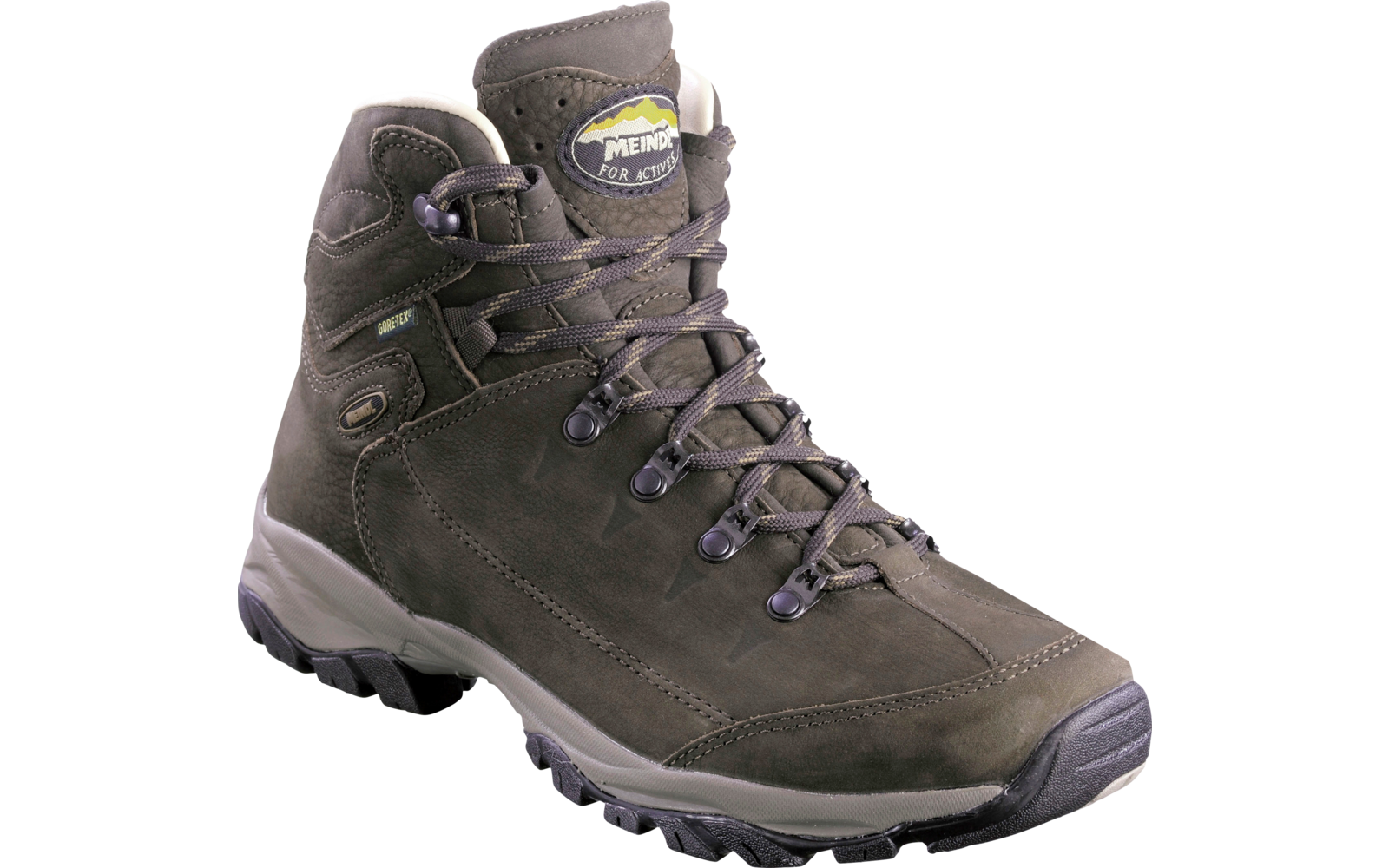 Bota hasta el tobillo de ante verde oliva con cordones y suela de goma negro-gris con dibujo de perfil; en la lengüeta, logo redondo con el texto 'MEINDL'