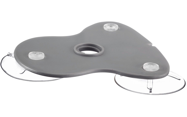 Placa triangular de plástico gris con un orificio redondo en el centro, una ventosa transparente en cada una de las tres esquinas; dos delgados alambres metálicos visibles bajo la placa, fondo blanco