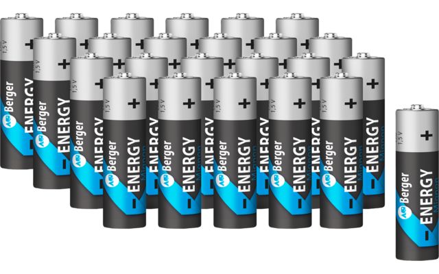 Mehrere silberne und schwarze zylindrische Batterien mit blauem Etikett in Reihen, eine Batterie vorne rechts