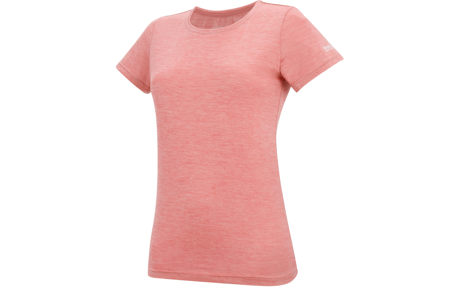 Lichtroze T-shirt met korte mouwen, ronde hals en subtiele melangeprint op witte achtergrond; klein wit logo op linkermouw