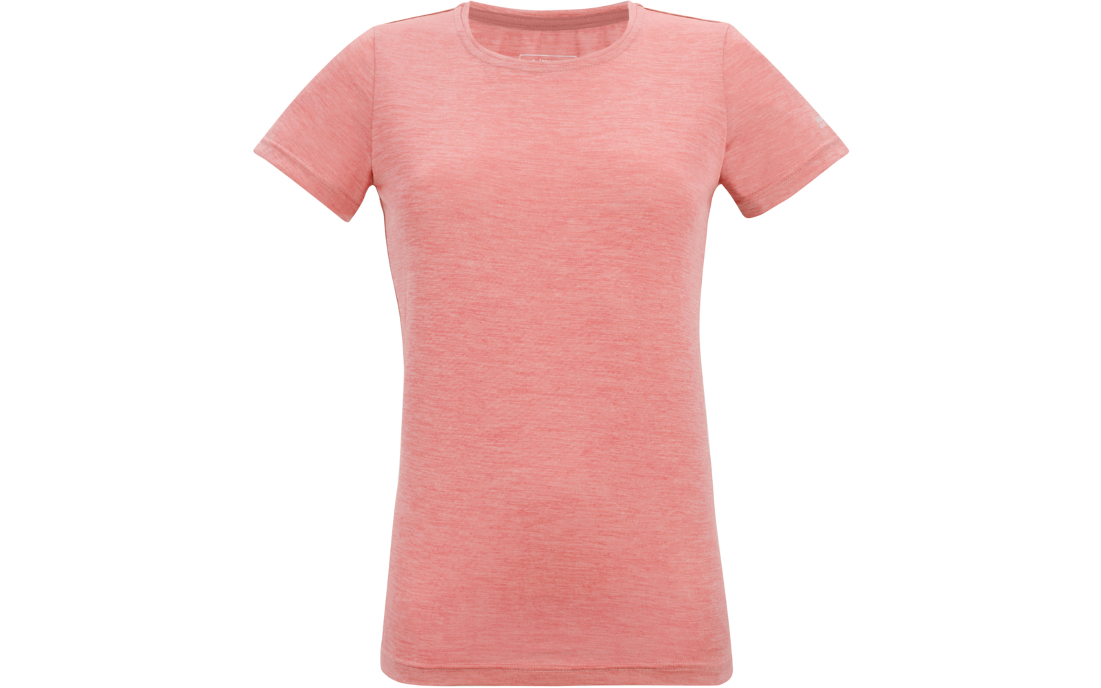 Roze gemêleerd T-shirt met korte mouwen en ronde hals, vooraanzicht op witte achtergrond