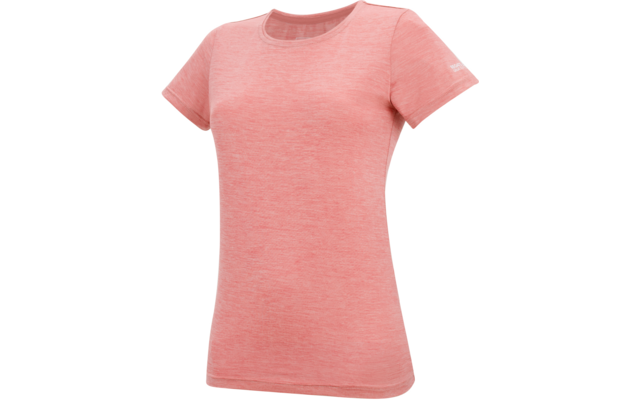 Lichtroze T-shirt met korte mouwen, ronde hals en subtiele melangeprint op witte achtergrond; klein wit logo op linkermouw