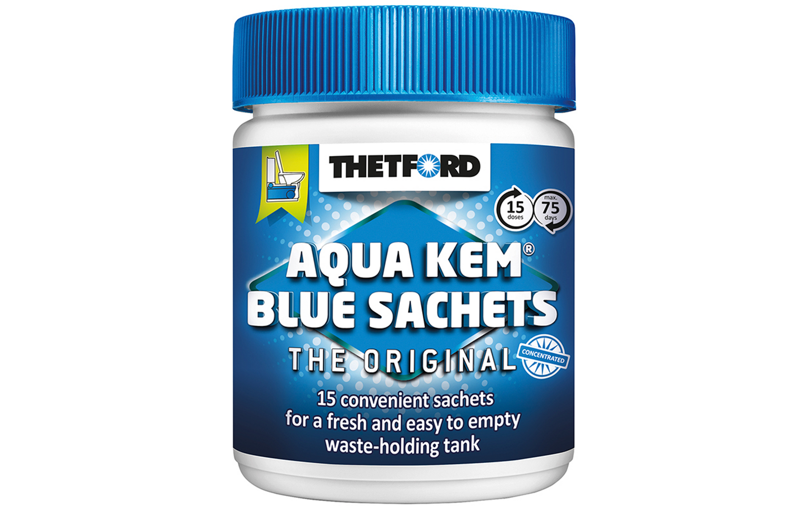 Weißer Kunststoffbehälter mit blauem Schraubdeckel, blaues Etikett mit Blasenmuster, Schriftzug 'THETFORD' und 'AQUA KEM BLUE SACHETS', Toilettensymbol und Kreise mit den Zahlen '15' und '75'