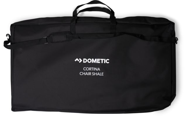 Schwarze Tragetasche mit Griffen, Schultergurt und weißem Aufdruck 'DOMETIC CORTINA CHAIR SHALE'