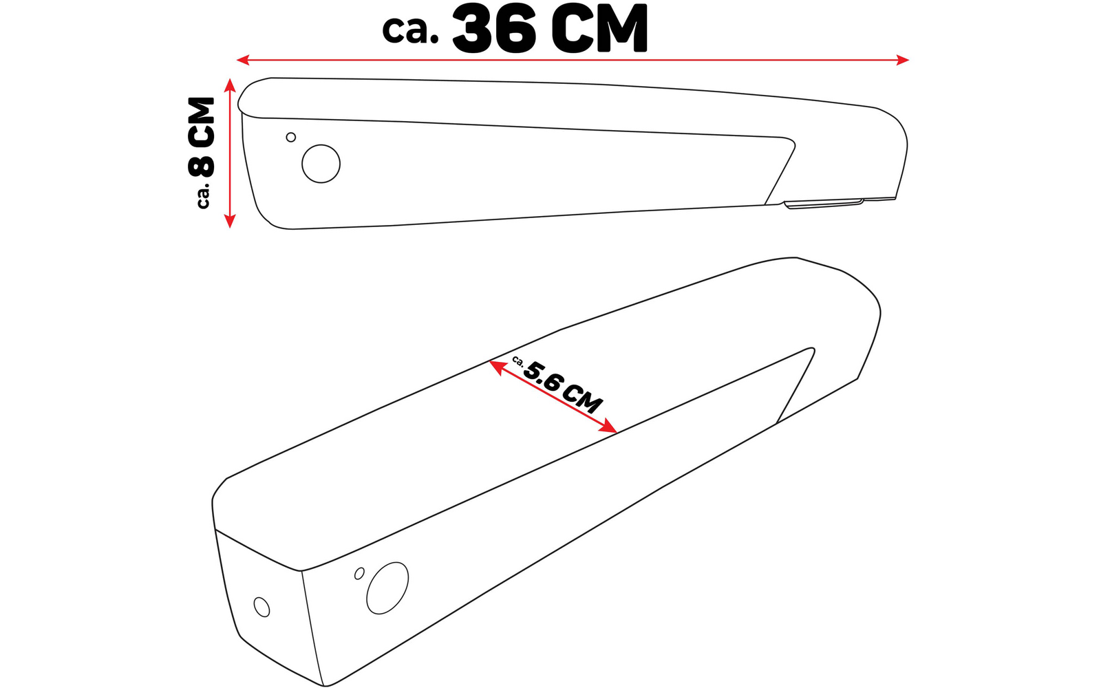 Technische tekening van twee identieke rechthoekige onderdelen met afgeronde hoeken, met een lengte van 36 cm, breedte van 8 cm en hoogte van 3,8 cm