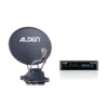 Gray satellite dish with ALDEN logo on a base, beside a black device with two displays and green indicator lights