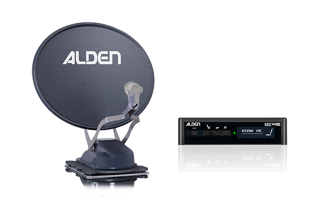Gray satellite dish with ALDEN logo on a base, beside a black device with two displays and green indicator lights