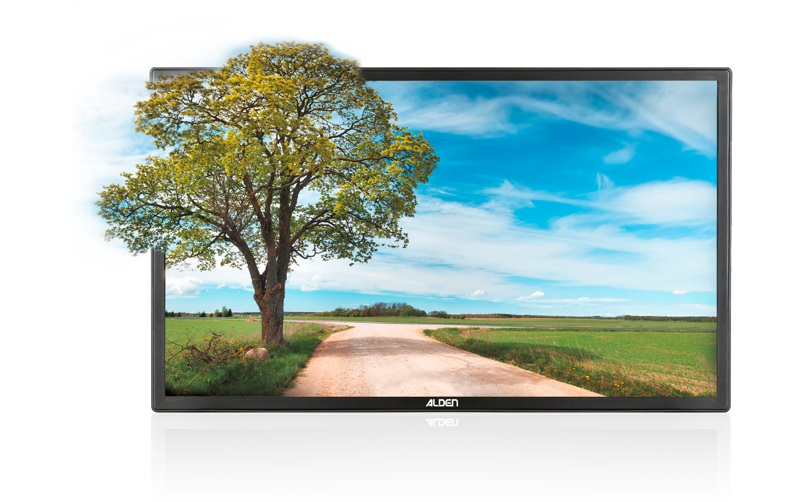 Großer Baum neben einem geschotterten Weg durch grüne Felder unter blauem Himmel mit Wolken, dargestellt auf einem Bildschirm