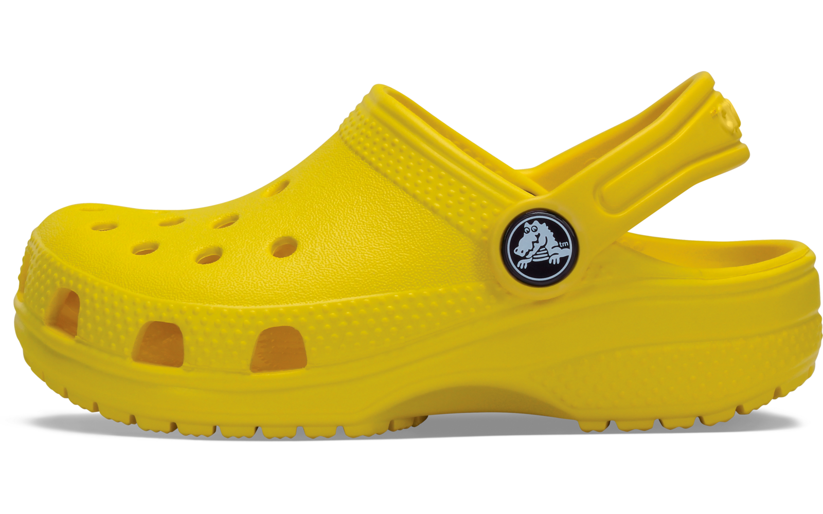 Mule jaune en plastique avec trous d'aération et bride de talon relevée, vue de profil