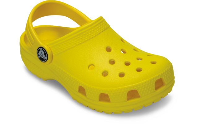 Sabot jaune avec trous d'aération et bride arrière, vue latérale