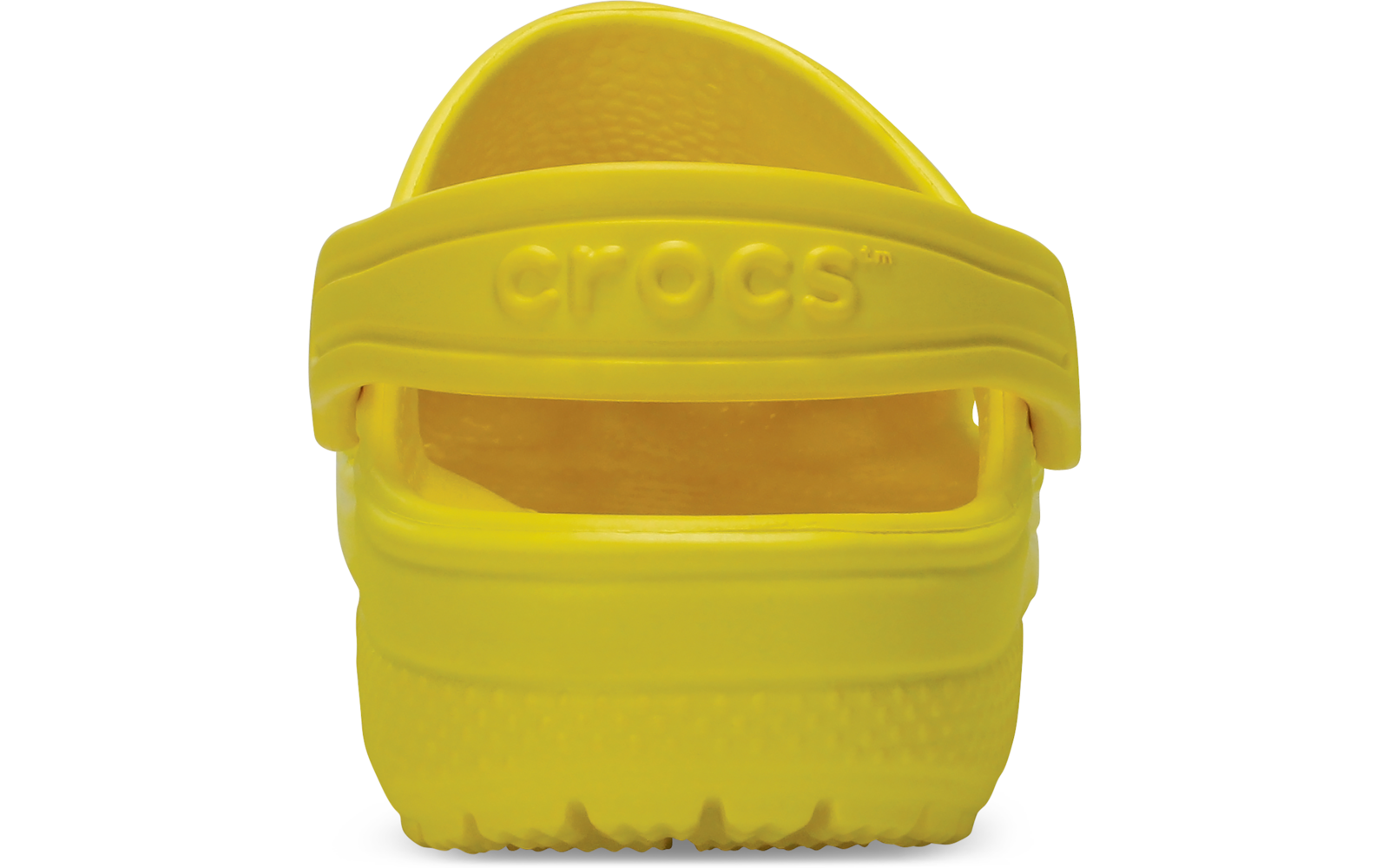 Sabot jaune vu de dos, bride arrière avec logo crocs en relief