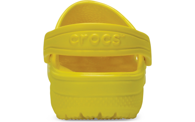 Sabot jaune vu de dos, bride arrière avec logo crocs en relief
