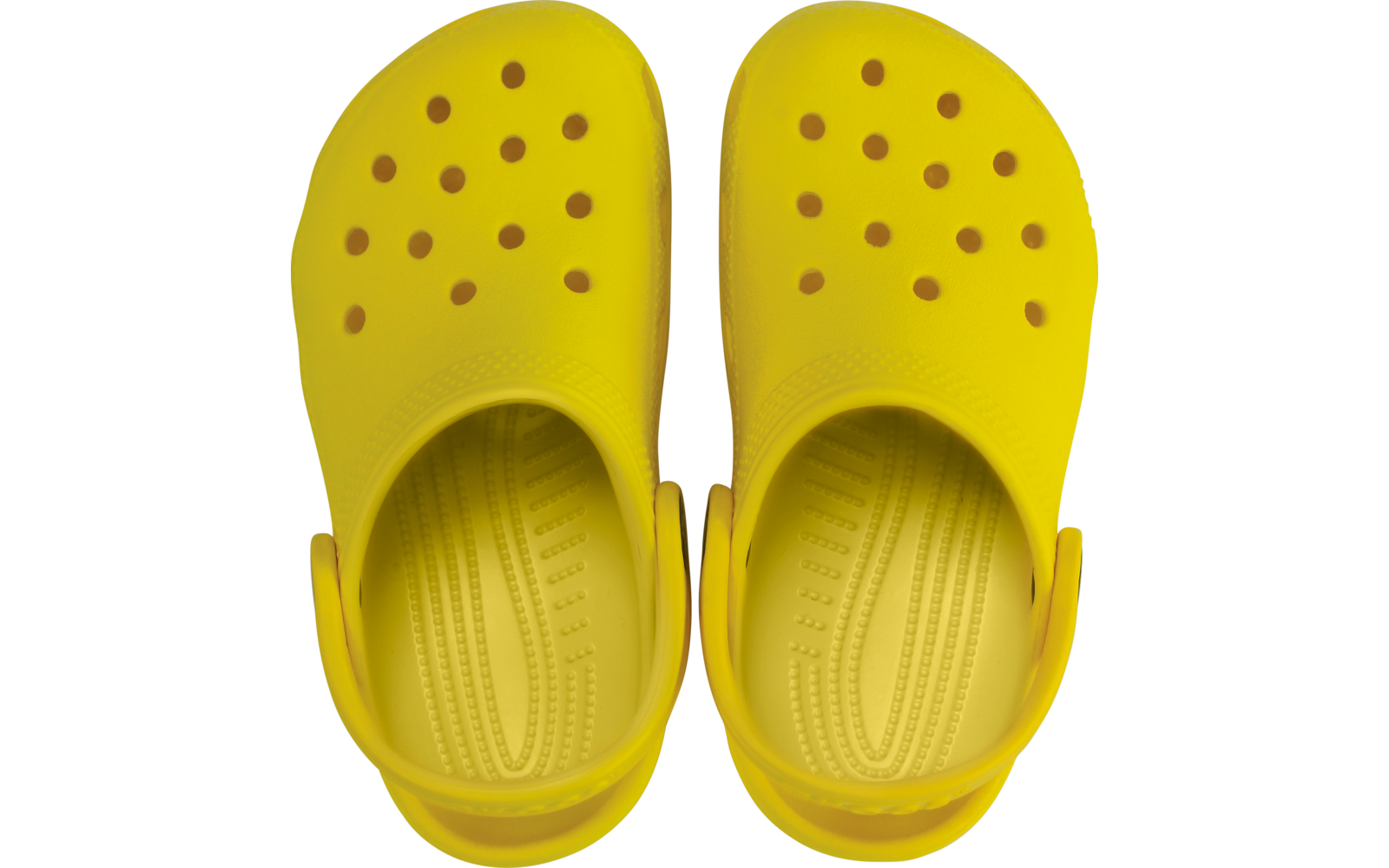 Deux sabots jaunes, vue de dessus, trous de ventilation et brides de talon