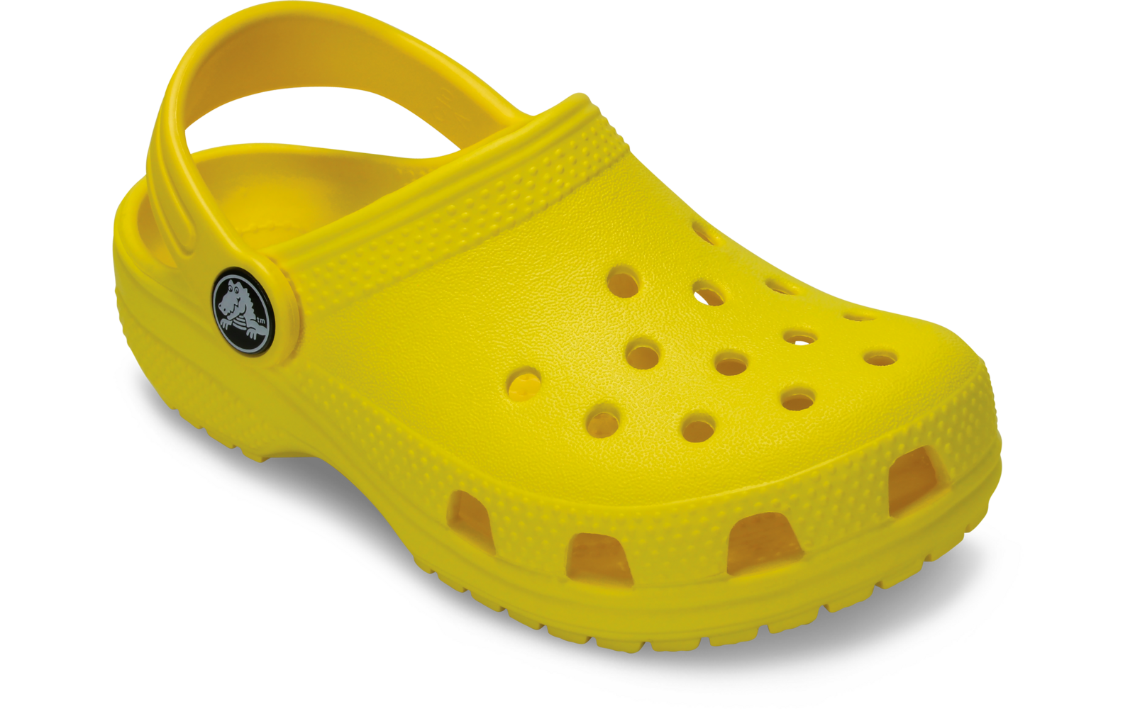 Sabot jaune avec trous d'aération et bride arrière, vue latérale