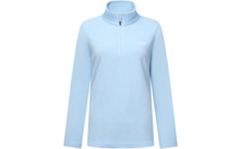 Maglia a maniche lunghe azzurro chiaro con mezza cerniera e collo alto, piccolo logo bianco sul petto sinistro, sfondo bianco