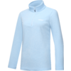 Pile azzurro chiaro con collo alto, mezza cerniera, maniche lunghe e logo bianco sul petto