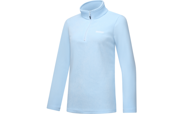 Pile azzurro chiaro con collo alto, mezza cerniera, maniche lunghe e logo bianco sul petto
