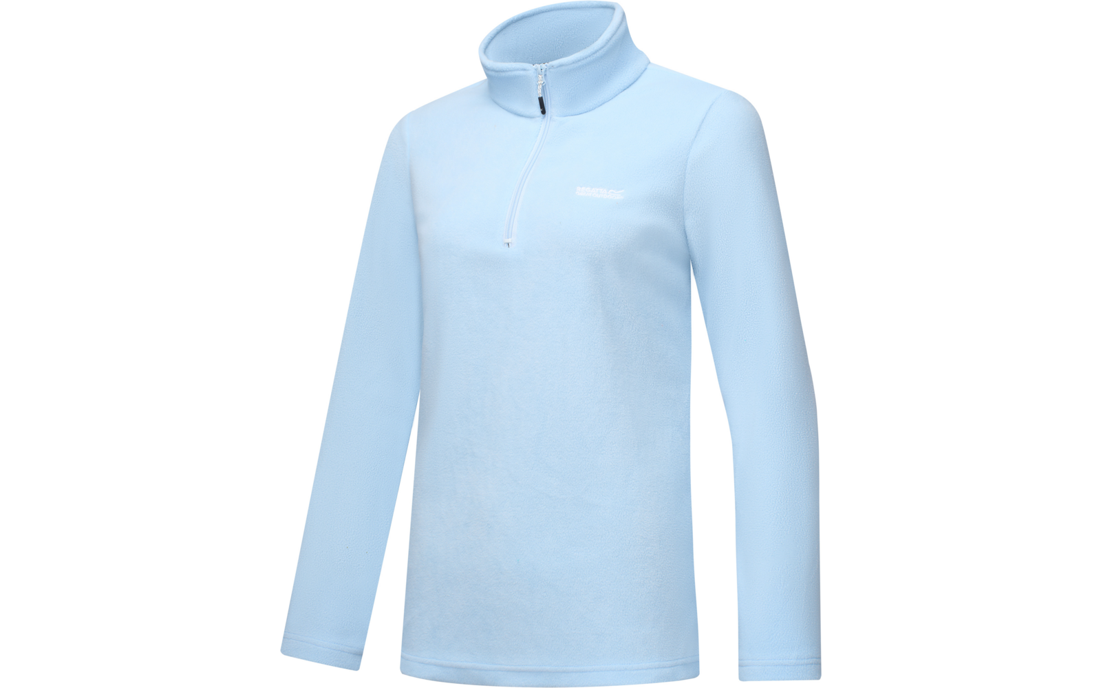 Pile azzurro chiaro con collo alto, mezza cerniera, maniche lunghe e logo bianco sul petto