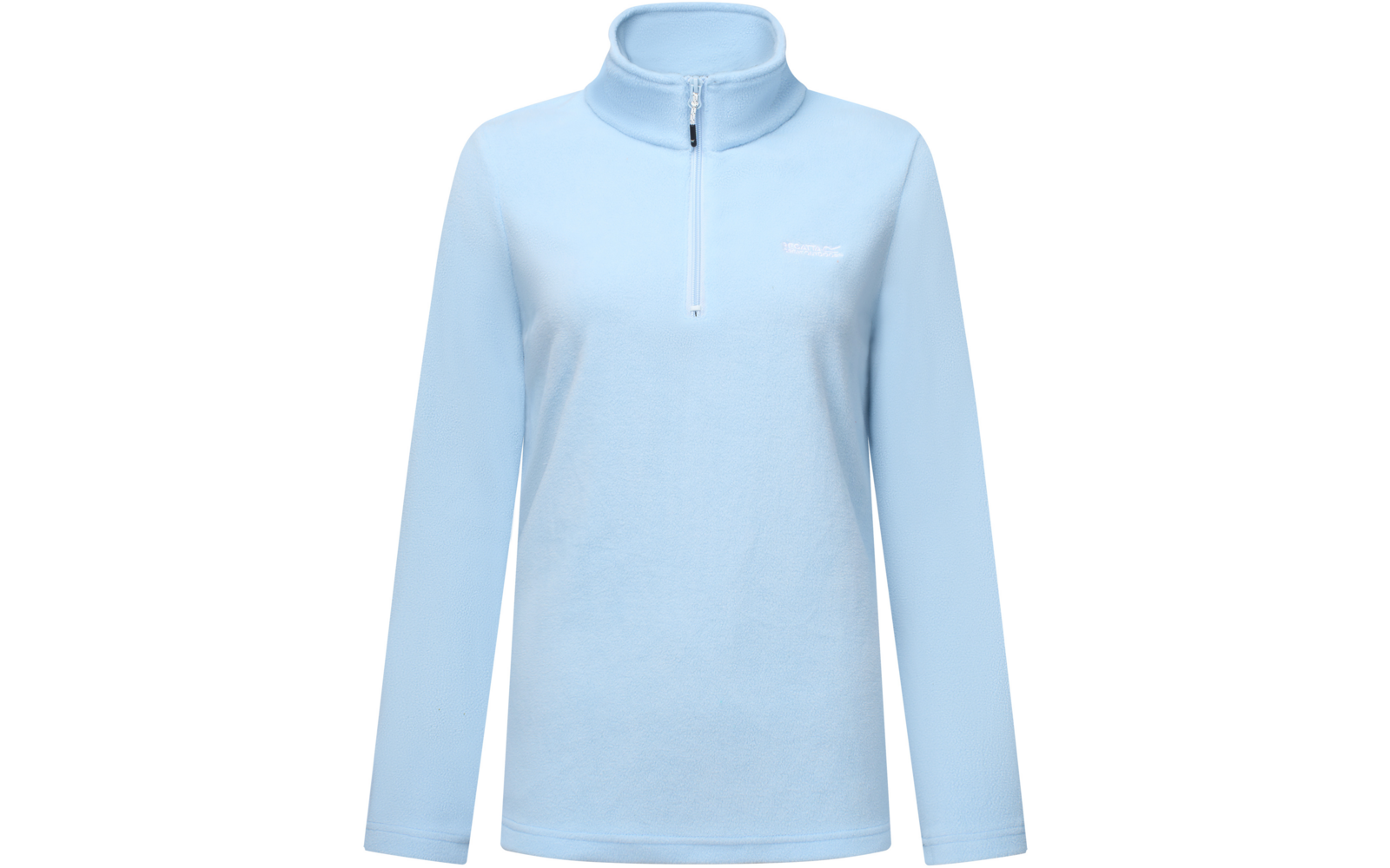 Maglia a maniche lunghe azzurro chiaro con mezza cerniera e collo alto, piccolo logo bianco sul petto sinistro, sfondo bianco