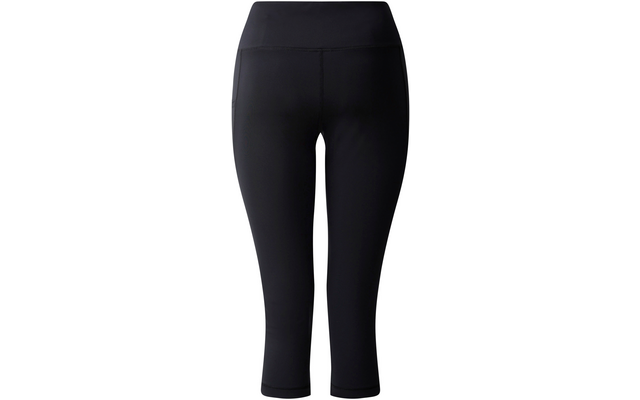 Black cropped leggings with a high waistband and visible seams on a white background