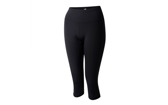 Black knee-length leggings with a high waistband, no pattern, on a white background