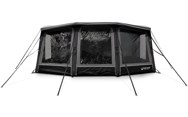 Dunkelgraues freistehendes Zelt mit drei großen transparenten Fenstern, schwarzem Rahmen und mehreren schräg gestellten Abspannstangen auf weißem Hintergrund