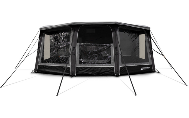 Dunkelgraues, rechteckiges Zelt mit drei großen durchsichtigen Fenstern vorne, sichtbaren Außenstangen und gespannten Abspannleinen