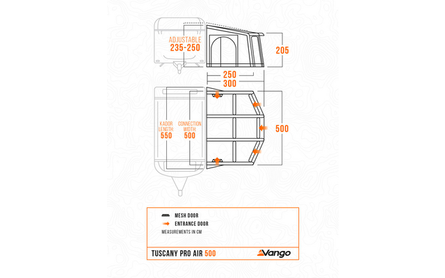 Schematische Darstellung einer rechteckigen Struktur neben einer rechteckigen Fahrzeugkontur, Draufsicht und Seitenansicht, orange Maße in cm (Adjustable 235–250, 205, 250, 300, 500, Kador length 550, Connection width 500), Legende mit ‚MESH DOOR‘ un