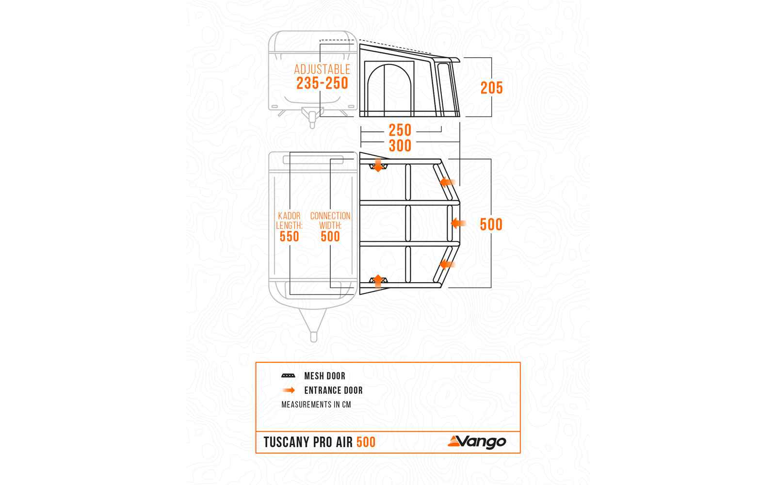 Schematische Darstellung einer rechteckigen Struktur neben einer rechteckigen Fahrzeugkontur, Draufsicht und Seitenansicht, orange Maße in cm (Adjustable 235–250, 205, 250, 300, 500, Kador length 550, Connection width 500), Legende mit ‚MESH DOOR‘ un