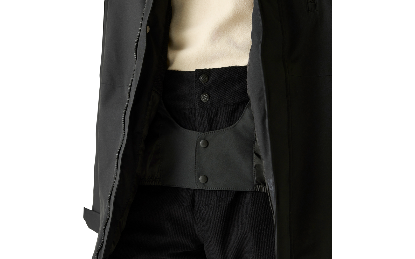Nahaufnahme eines geöffneten schwarzen Mantels über einem cremefarbenen Pullover und einer schwarzen Hose mit sichtbarer Knopfleiste