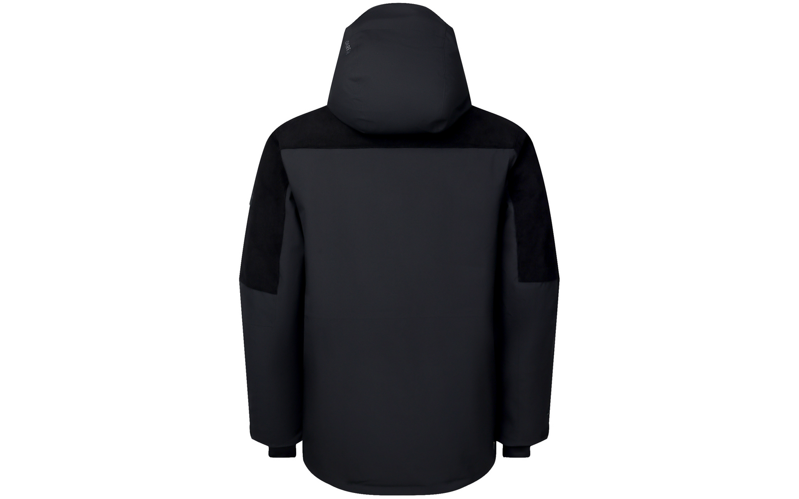 Schwarze Kapuzenjacke, Rückansicht, lange Ärmel