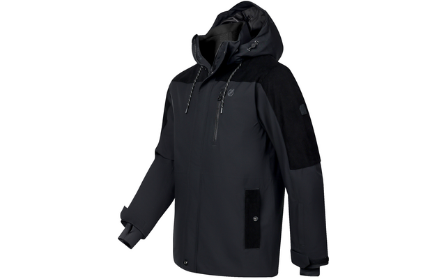 Dunkelgraue/schwarze Kapuzenjacke mit Reißverschluss, Reißverschlusstasche auf der Brust, zwei Vordertaschen, Kordelzug an der Kapuze und verstellbaren Ärmelbündchen