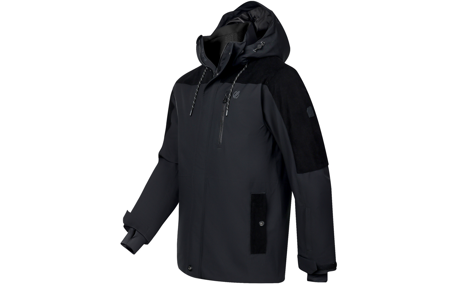 Dunkelgraue/schwarze Kapuzenjacke mit Reißverschluss, Reißverschlusstasche auf der Brust, zwei Vordertaschen, Kordelzug an der Kapuze und verstellbaren Ärmelbündchen