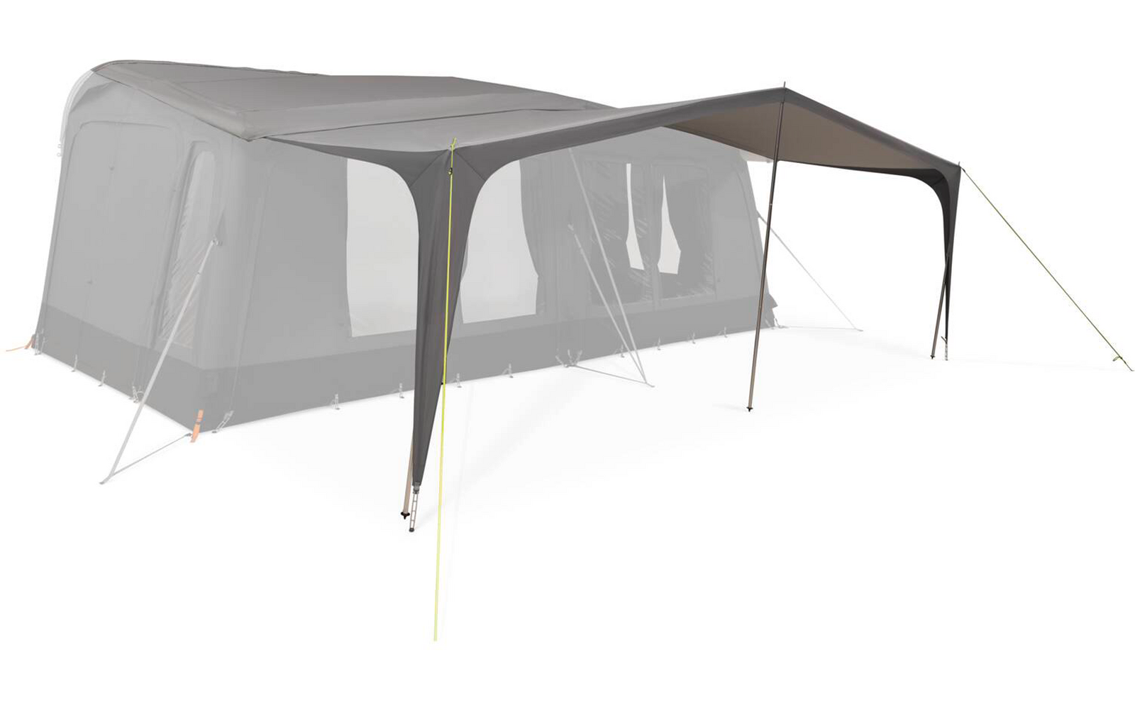 Graues großes Zelt mit mehreren rechteckigen Fenstern, seitlichem Vordach, zwei vorderen Stützstangen sowie Abspannleinen und Bodenheringen auf weißem Hintergrund