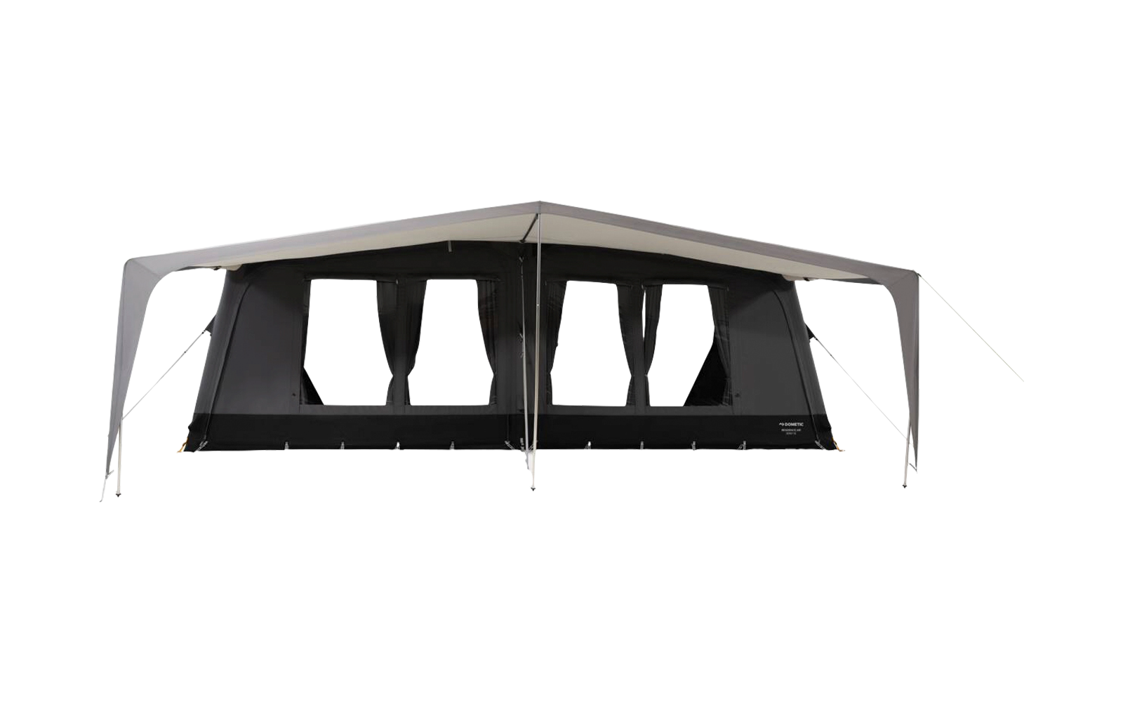 Tienda rectangular grande con techo gris, cuerpo negro, tres aberturas de ventana en el frente, toldo desplegado y cuerdas de sujeción a ambos lados