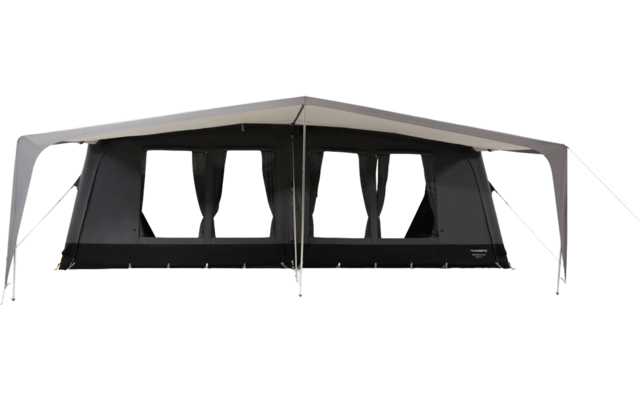 Tienda rectangular grande con techo gris, cuerpo negro, tres aberturas de ventana en el frente, toldo desplegado y cuerdas de sujeción a ambos lados