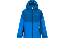 Blaue, zweifarbige Jacke mit Kapuze, durchgehendem Reißverschluss, zwei Reißverschlusstaschen mit gelben Zippern und kleinem Logo auf der Brust