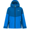 Blaue, zweifarbige Jacke mit Kapuze, durchgehendem Reißverschluss, zwei Reißverschlusstaschen mit gelben Zippern und kleinem Logo auf der Brust