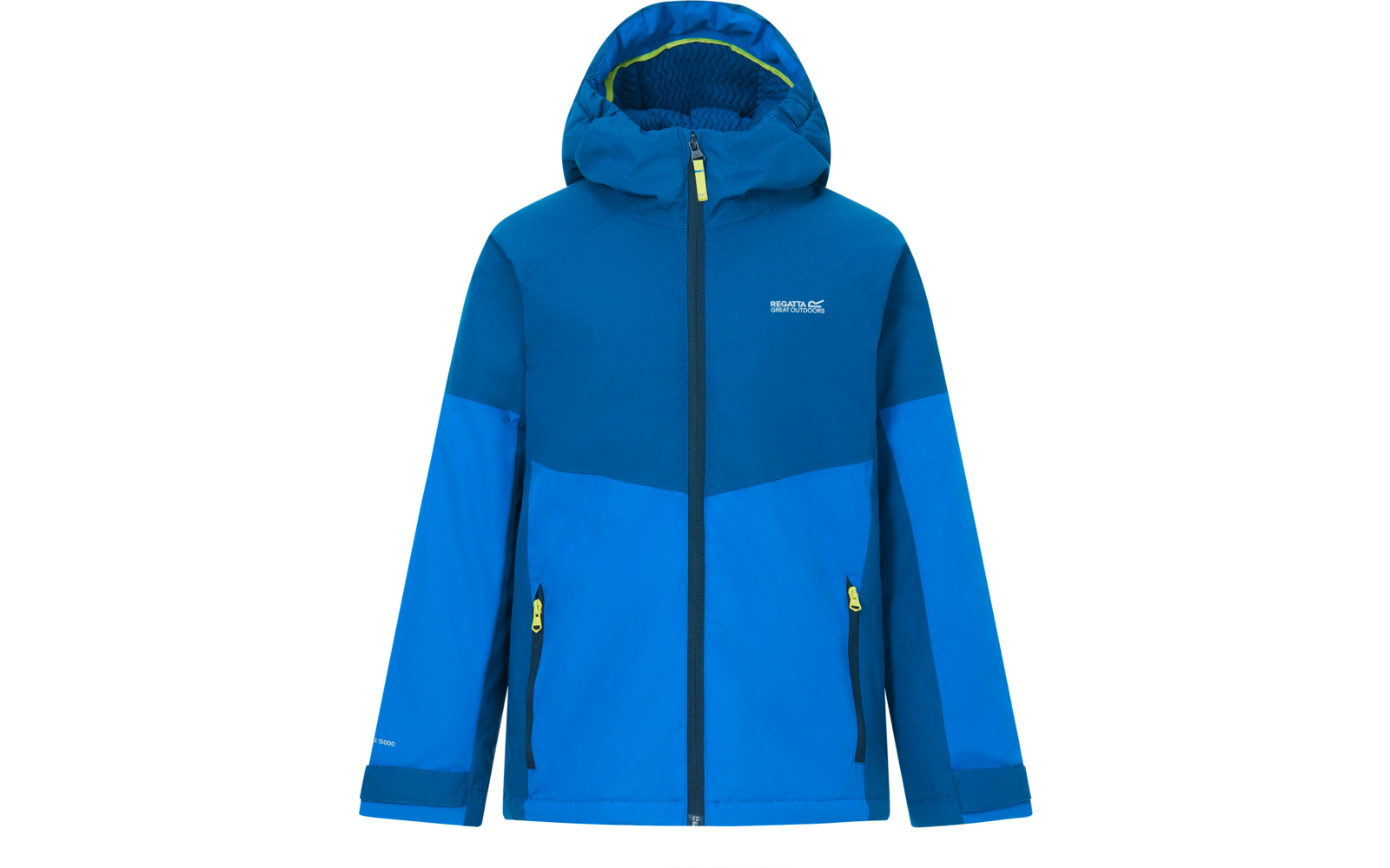 Blaue, zweifarbige Jacke mit Kapuze, durchgehendem Reißverschluss, zwei Reißverschlusstaschen mit gelben Zippern und kleinem Logo auf der Brust
