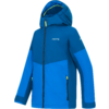 Blaue Kapuzenjacke in zwei Blautönen, durchgehender schwarzer Reißverschluss, zwei seitliche Reißverschlusstaschen mit gelben Zippern, weißes Logo auf der Brust, freigestellt vor weißem Hintergrund