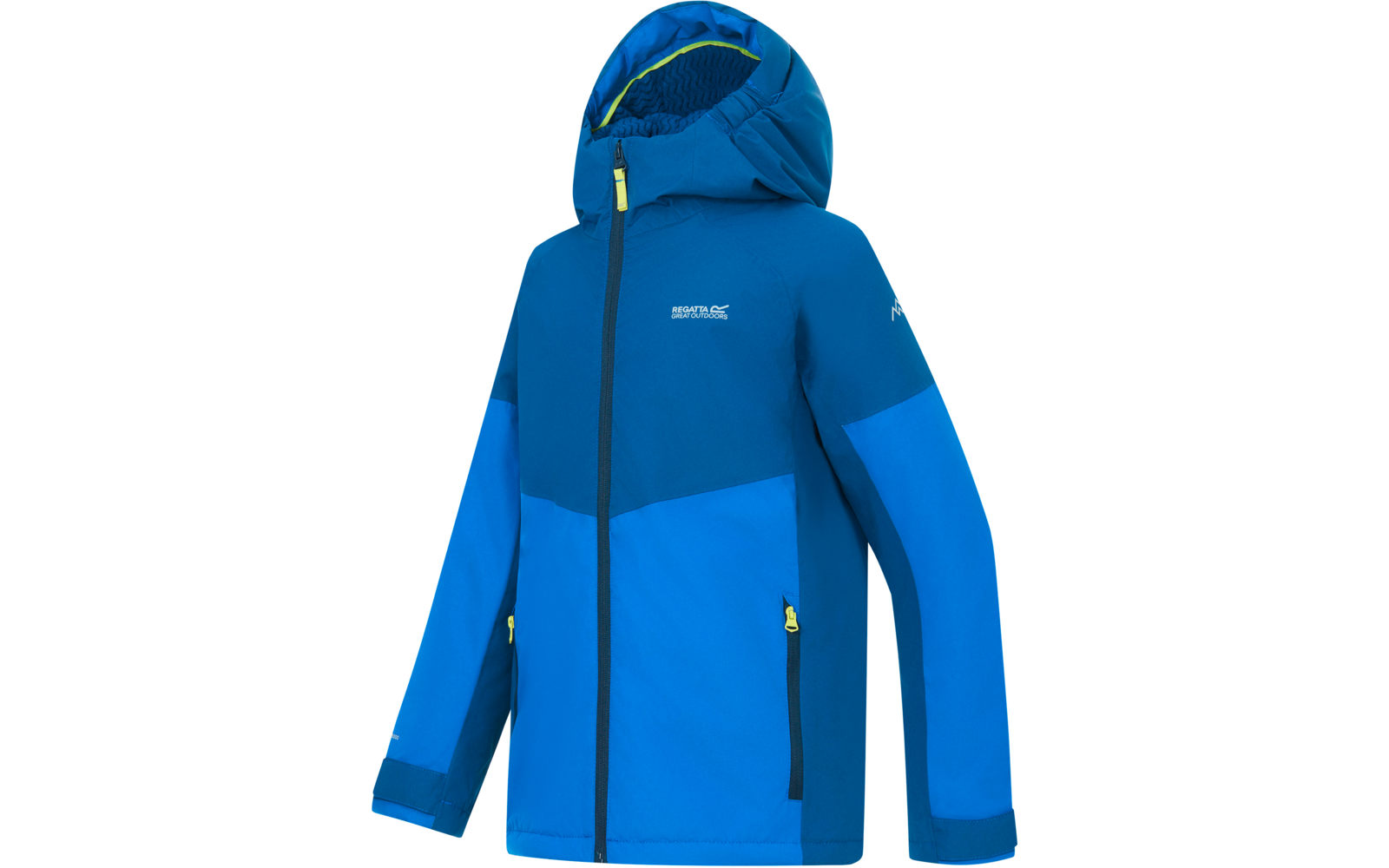 Blaue Kapuzenjacke in zwei Blautönen, durchgehender schwarzer Reißverschluss, zwei seitliche Reißverschlusstaschen mit gelben Zippern, weißes Logo auf der Brust, freigestellt vor weißem Hintergrund
