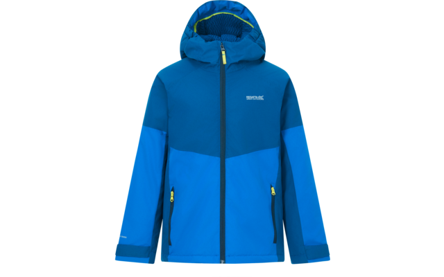 Blaue, zweifarbige Jacke mit Kapuze, durchgehendem Reißverschluss, zwei Reißverschlusstaschen mit gelben Zippern und kleinem Logo auf der Brust