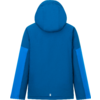 Blaue Kapuzenjacke von hinten, lange Ärmel mit helleren blauen Einsätzen, kleines rechteckiges Etikett am unteren Saum, weißer Hintergrund