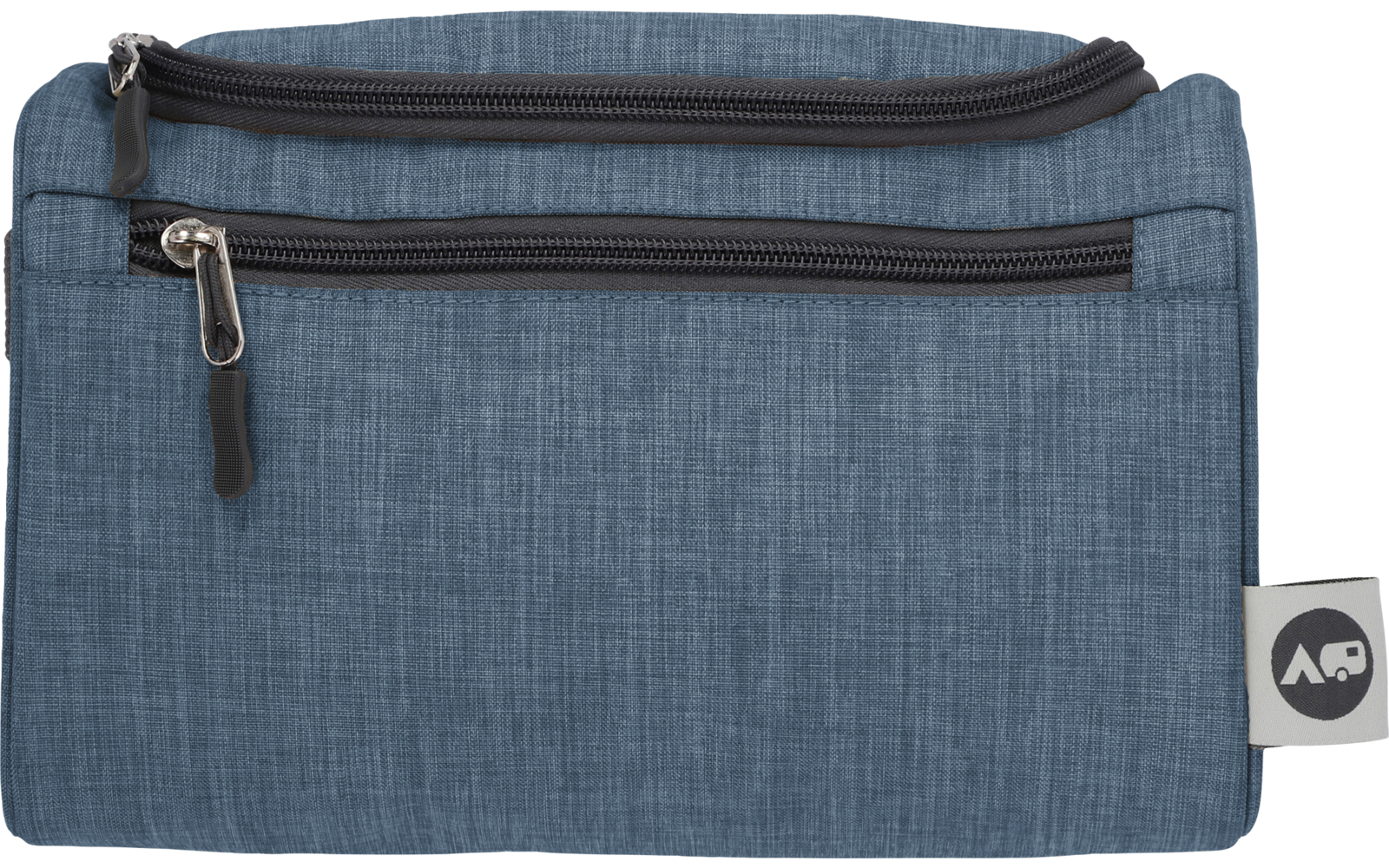 rechteckige blau-graue Tasche mit zwei horizontalen Reißverschlüssen und kleinem Stoffetikett an der rechten Seite