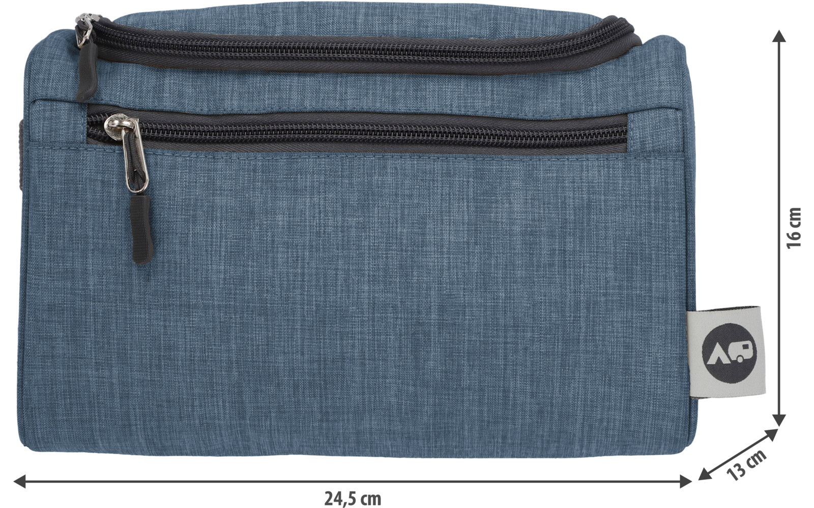 Blaue Stofftasche mit zwei horizontalen Reißverschlüssen vorne, rechts ein Etikett mit rundem Logo; Maße als Pfeile angezeigt: 24,5 cm × 13 cm × 16 cm