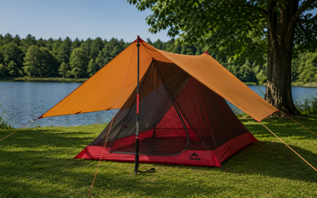 Bâche orange au-dessus d'une tente rouge en mesh, montée sur l'herbe au bord d'un lac ; tronc d'arbre à droite, forêt et ciel bleu en arrière-plan