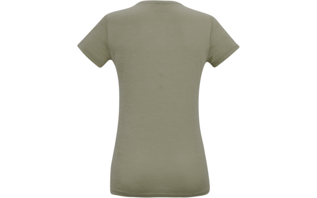 Achteraanzicht van een olijfgroen T-shirt met korte mouwen op een witte achtergrond