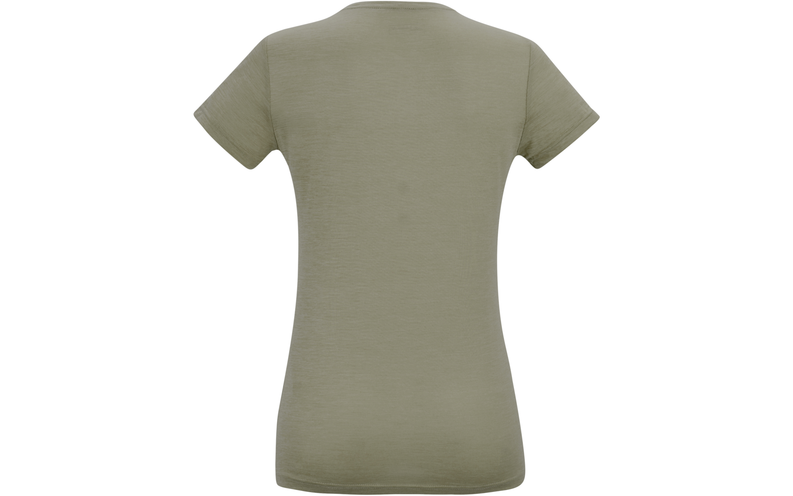 Achteraanzicht van een olijfgroen T-shirt met korte mouwen op een witte achtergrond