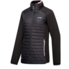 Giacca nera con pannello frontale trapuntato, maniche lisce, collo alto, cerniera centrale, due tasche laterali con zip e profilo rosa chiaro, logo del marchio sul petto sinistro